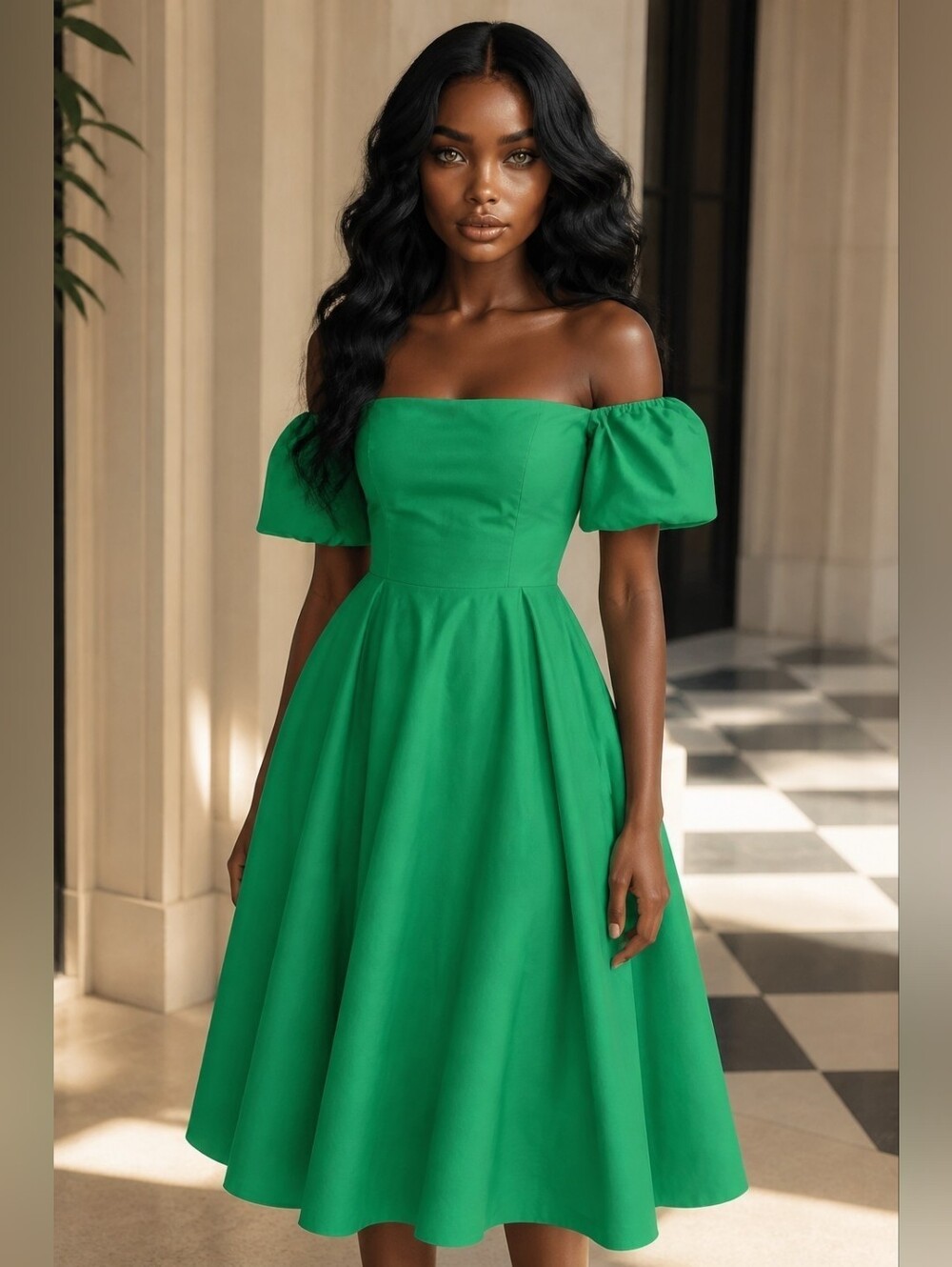 Off-Shoulder Green Midi Dress with Puff Sleeves